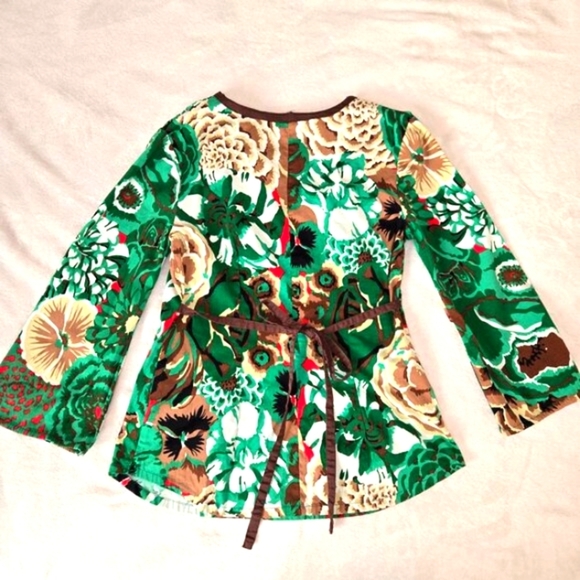 Y2K Almatrichi Madrid Floral Print Blouse Green Brown Cotton VNeck 3/4 Sleeve, S - Picture 2 of 11